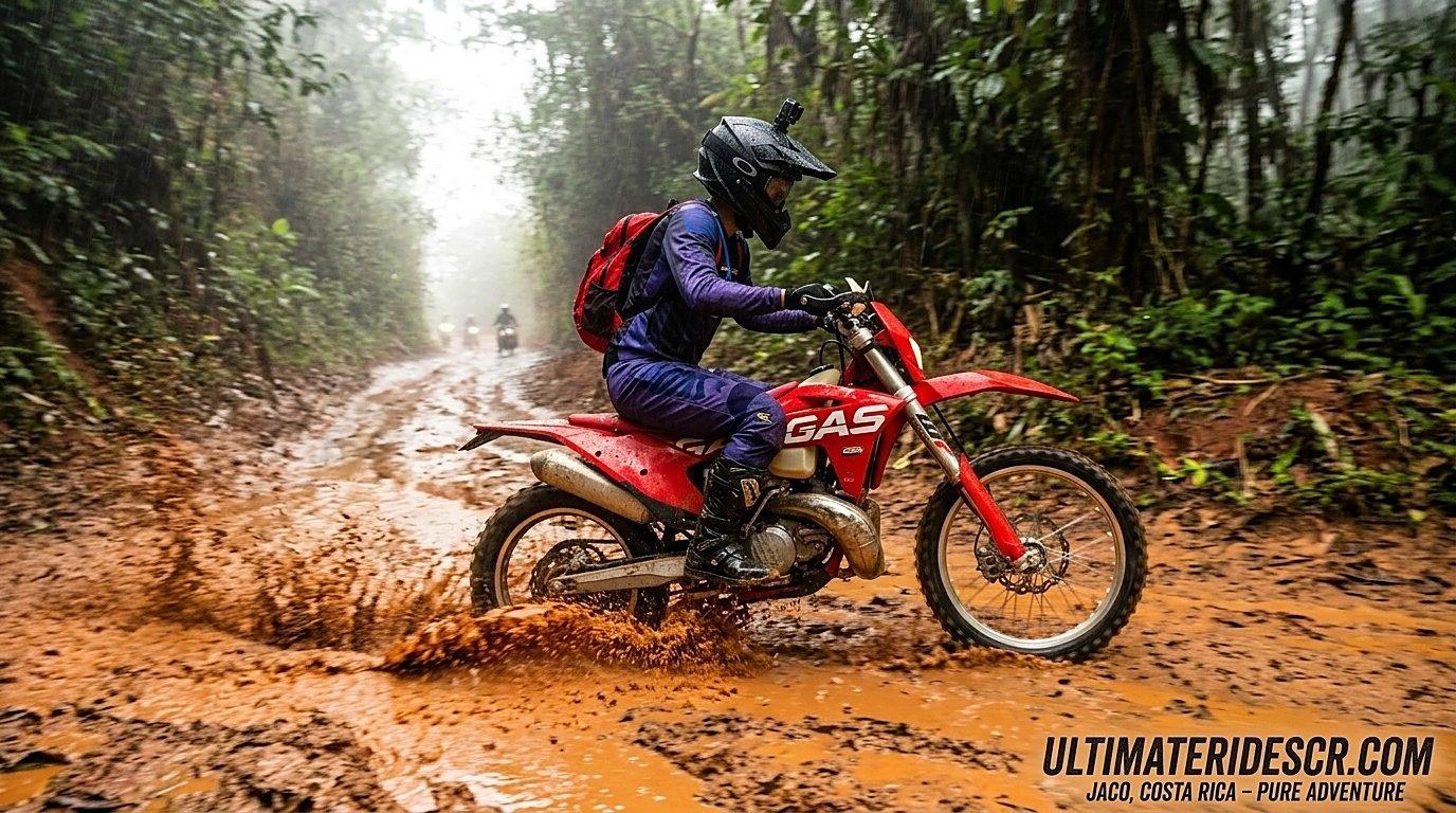 Rider crossing a muddy rainforest trail on an enduro motorcycle tour in Costa Rica