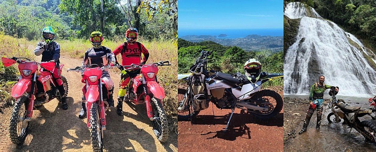 Ultimate Rides CR riders on the trail, coastal viewpoint, and a rainforest waterfall stop