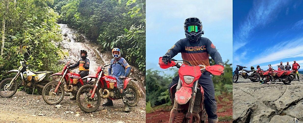 Riders crossing a jungle creek, a rider portrait, and the group at a mountain overlook